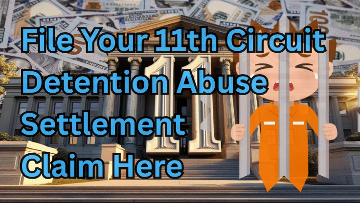 File Your 11th Circuit Detention Abuse Settlement Claim Here text on depiction of Eleventh Circuit court with a child in jail crying and a high-value cash backdrop.