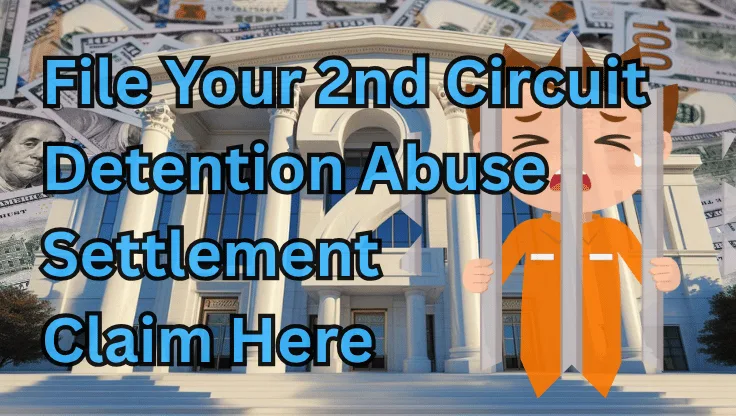 File Your 2nd Circuit Detention Abuse Settlement Claim Here text on depiction of Second Circuit court with a child in jail crying and a high-value cash backdrop.