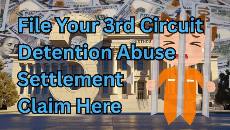 File Your 3rd Circuit Detention Abuse Settlement Claim Here text on depiction of Third Circuit court with a child in jail crying and a high-value cash backdrop.