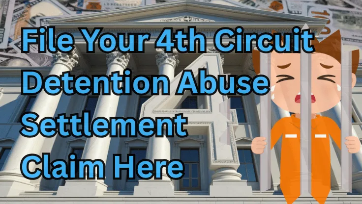 File Your 4th Circuit Detention Abuse Settlement Claim Here text on depiction of Fourth Circuit court with a child in jail crying and a high-value cash backdrop.