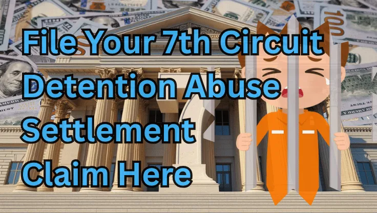 File Your 7th Circuit Detention Abuse Settlement Claim Here text on depiction of Seventh Circuit court with a child in jail crying and a high-value cash backdrop.