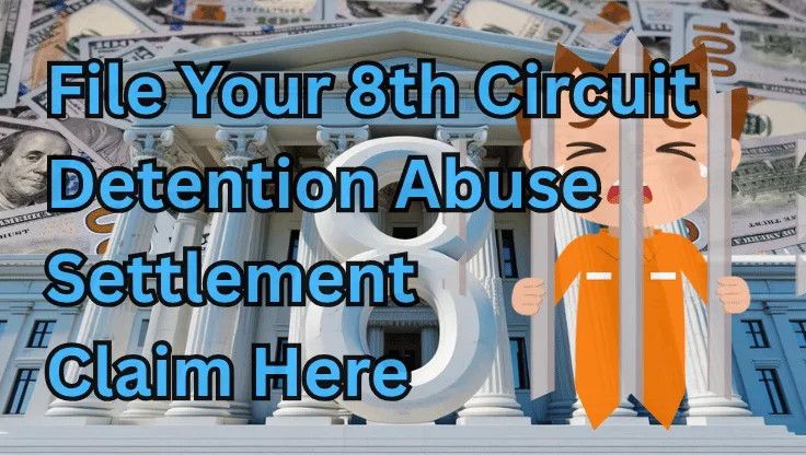 File Your 8th Circuit Detention Abuse Settlement Claim Here text on depiction of Eighth Circuit court with a child in jail crying and a high-value cash backdrop.