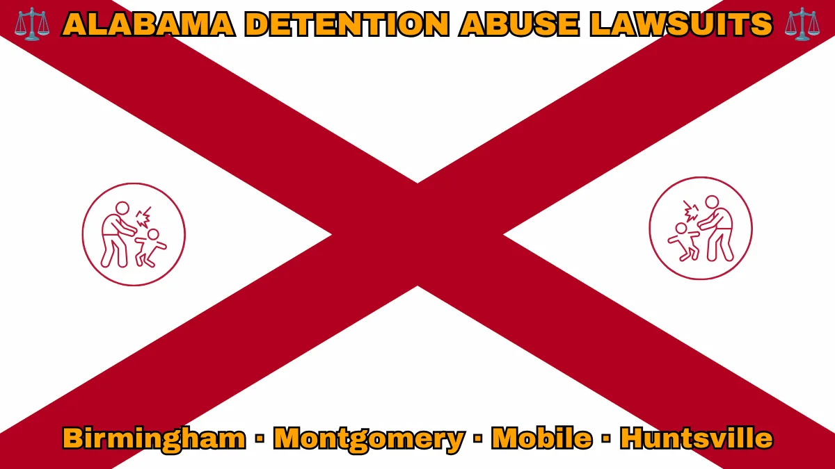 ALABAMA DETENTION ABUSE LAWSUITS: Birmingham, Montgomery, Mobile, and Huntsville text on AL state flag adorned with an adult physically pushing a child depicted near a red St. Andrew's cross on a white background.