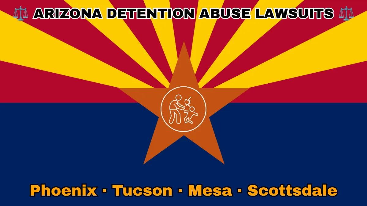 ARIZONA DETENTION ABUSE LAWSUITS: Phoenix, Tucson, Mesa, and Scottsdale text on AZ state flag adorned with an adult physically pushing a child depicted near red and yellow rays with a copper star above a blue field