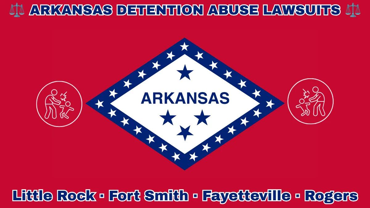 ARKANSAS DETENTION ABUSE LAWSUITS: Little Rock, Fort Smith, Fayetteville, and Rogers text on AR state flag adorned with an adult physically pushing a child depicted on a diamond-shaped border lined with stars
