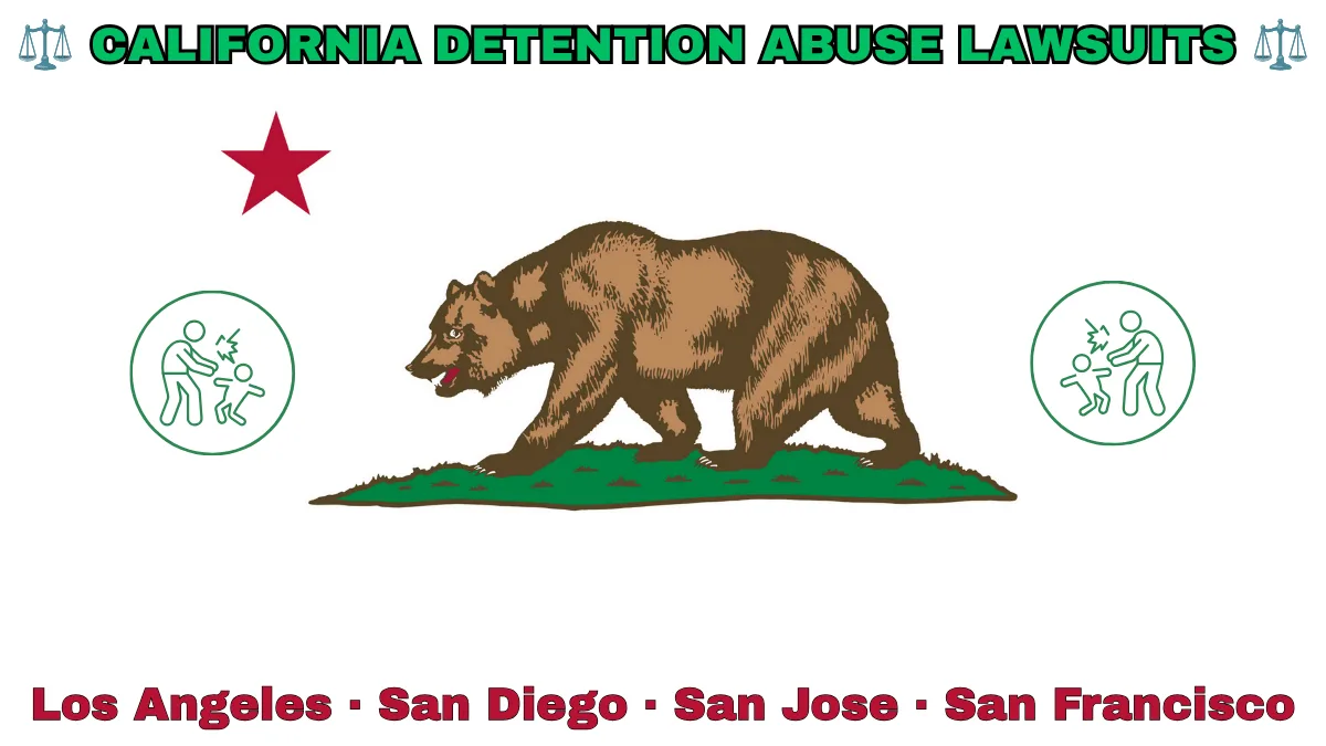 CALIFORNIA DETENTION ABUSE LAWSUITS: Los Angeles, San Diego, San Jose, and San Francisco text on CA state flag adorned with an adult physically pushing a child depicted near a grizzly bear and red star.