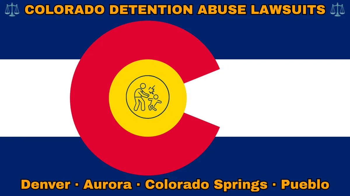 COLORADO DETENTION ABUSE LAWSUITS: Denver, Aurora, Colorado Springs, and Pueblo text on CO state flag adorned with an adult physically pushing a child depicted near an old red "C" with a golden circle on blue and white stripes