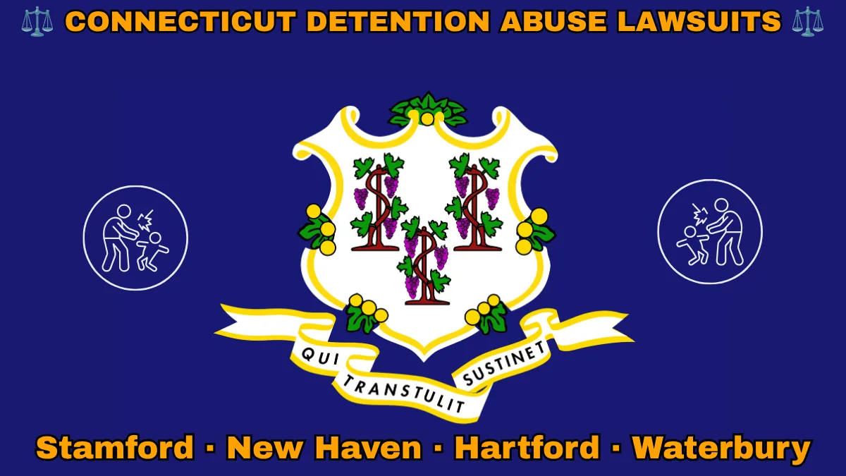CONNECTICUT DETENTION ABUSE LAWSUITS: Stamford, New Haven, Hartford, and Waterbury text on CT state flag adorned with an adult physically pushing a child depicted on a blue field near a white shield and three grapevines
