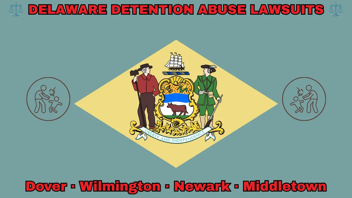 DELAWARE DETENTION ABUSE LAWSUITS: Dover, Wilmington, Newark, and Middletown text on DE state flag adorned with an adult physically pushing a child depicted near a coat of arms and 1787 date