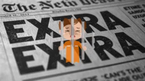 Jailed child crying on newspaper print reading 