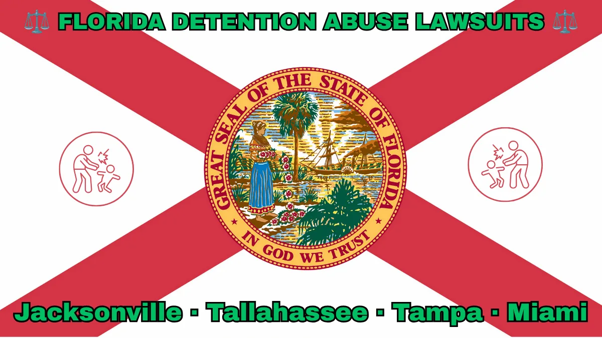 FLORIDA DETENTION ABUSE LAWSUITS: Jacksonville, Tallahassee, Tampa, and Miami text on FL state flag adorned with an adult physically pushing a child depicted near a red cross and SEAL of a Seminole woman scattering flowers by a shoreline with a boat, palm trees, and sunlight.