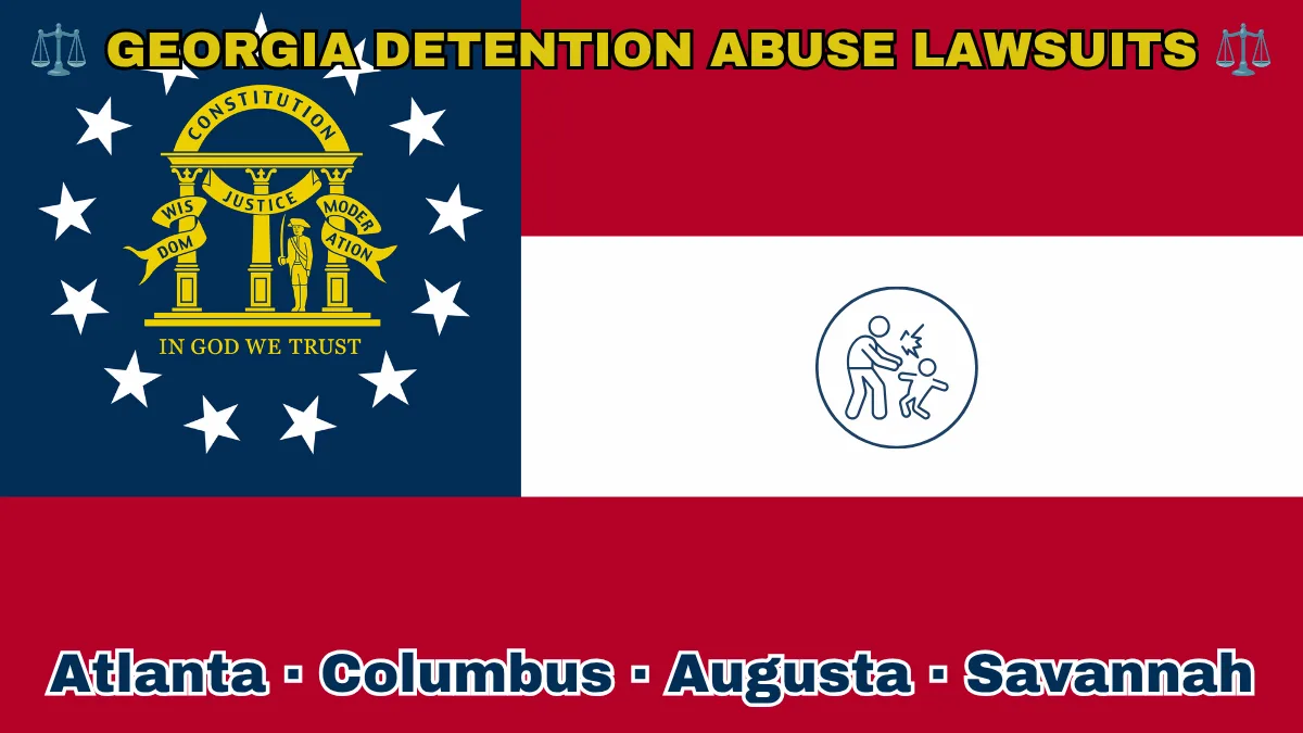 GEORGIA DETENTION ABUSE LAWSUITS: Atlanta, Columbus, Augusta, and Savannah text on GA state flag adorned with an adult physically pushing a child depicted near a gold arch on blue canton with three pillars and 13 white stars, next to three thick red and white stripes.