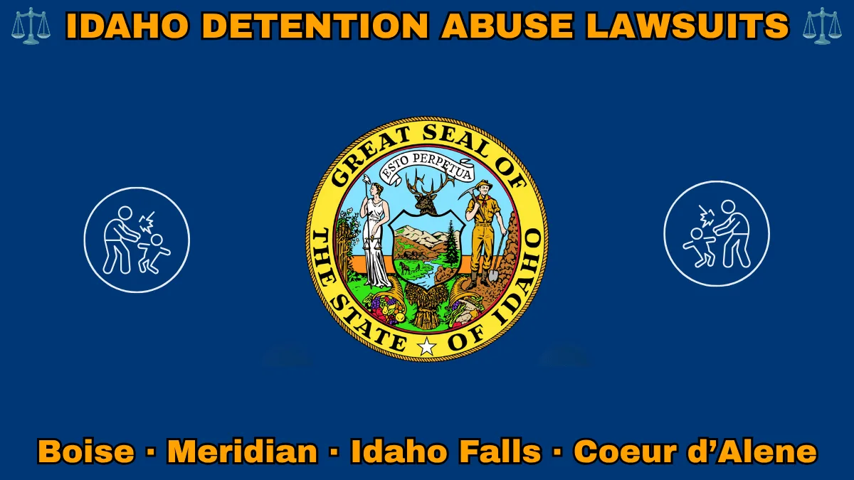 IDAHO DETENTION ABUSE LAWSUITS: Boise, Meridian, Idaho Falls, and Coeur d’Alene text on ID state flag adorned with an adult physically pushing a child depicted on a blue field near the official seal and banner