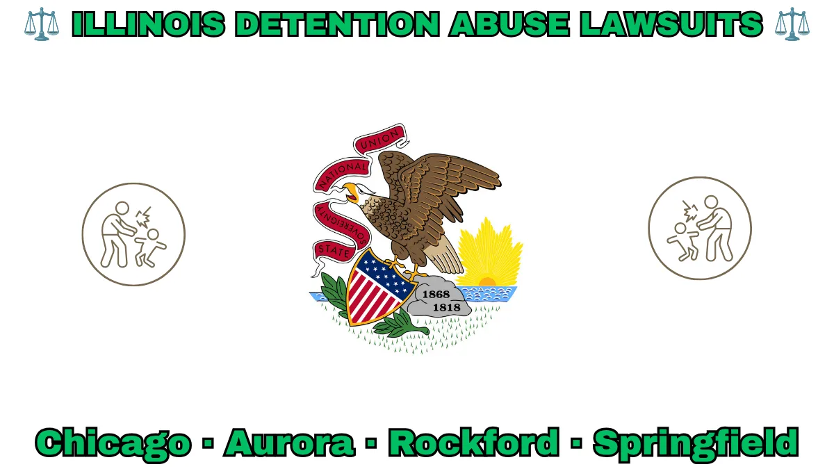 ILLINOIS DETENTION ABUSE LAWSUITS: Chicago, Aurora, Rockford, and Springfield text on IL state flag adorned with an adult physically pushing a child depicted near a bald eagle perched on a rock and holding a shield, as the sun shines bright.