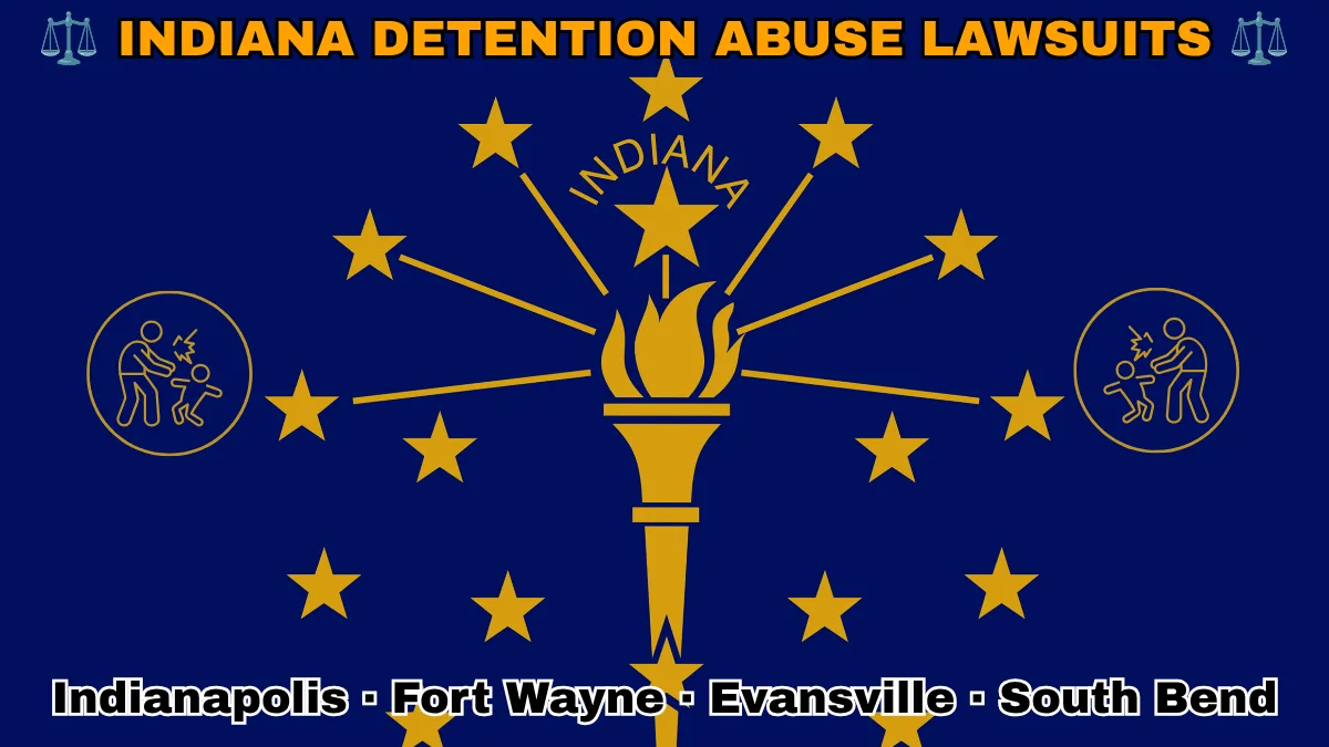 INDIANA DETENTION ABUSE LAWSUITS: Indianapolis, Fort Wayne, Evansville, and South Bend text on IN state flag adorned with an adult physically pushing a child depicted near a gold torch and stars.