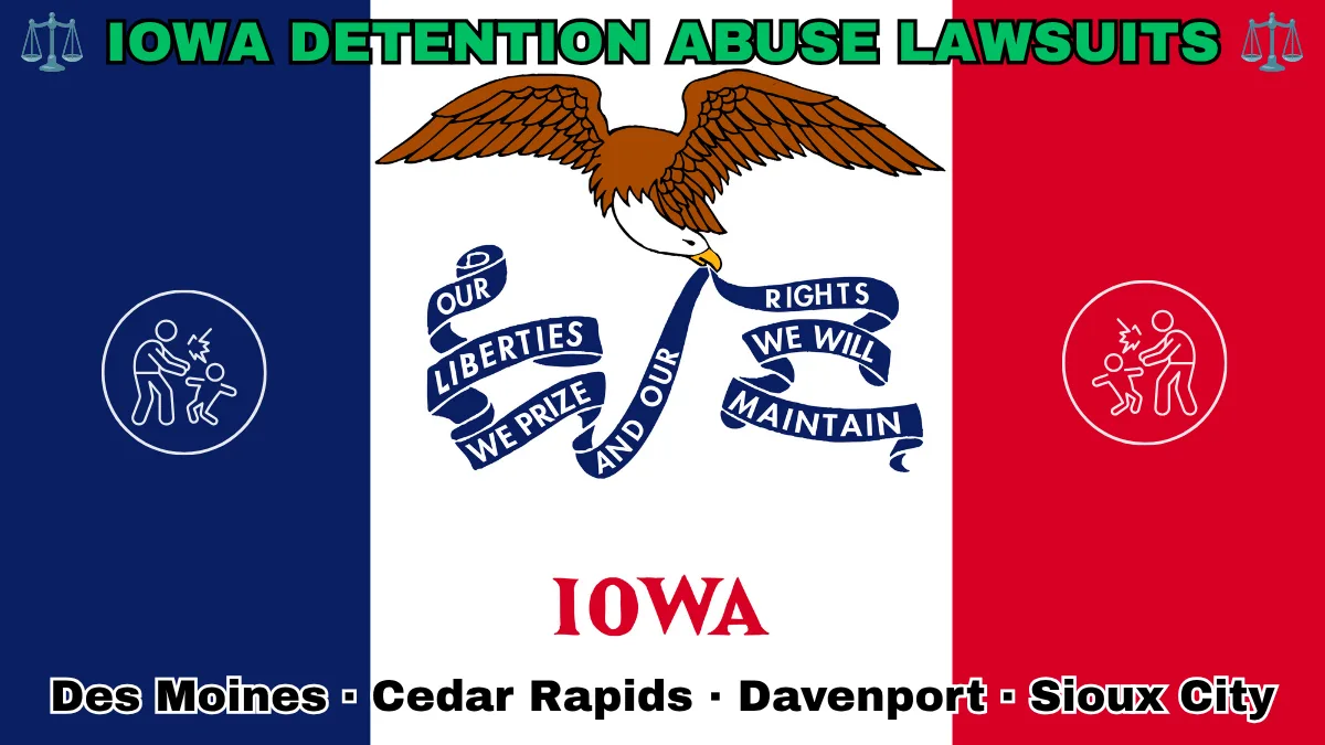 IOWA DETENTION ABUSE LAWSUITS: Boise, Meridian, Idaho Falls, Coeur d'Alene text on IA state flag adorned with an adult physically pushing a child depicted along blue, white, and red vertical stripes near an eagle and banner