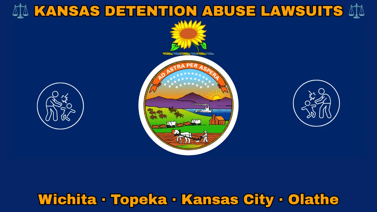 KANSAS DETENTION ABUSE LAWSUITS: Wichita, Kansas City, Olathe, and Topeka text on KS state flag adorned with an adult physically pushing a child depicted on a blue background near the official seal and a sunflower emblem