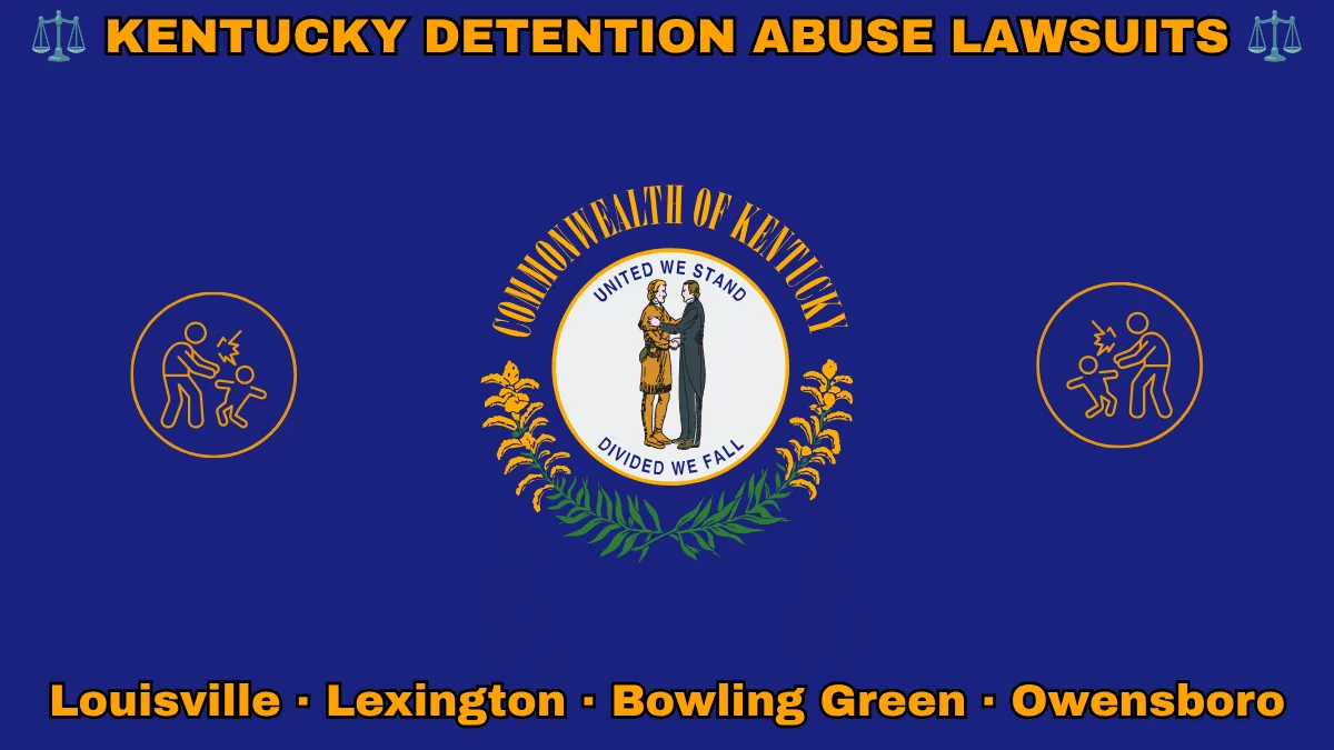 KENTUCKY DETENTION ABUSE LAWSUITS: Louisville, Lexington, Bowling Green, and Owensboro text on KY state flag adorned with an adult physically pushing a child depicted on a blue field near the official seal and “UNITED WE STAND” motto