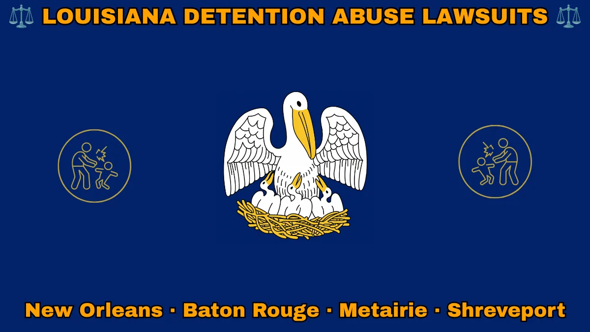 LOUISIANA DETENTION ABUSE LAWSUITS: New Orleans, Baton Rouge, Metairie, and Shreveport text on LA state flag adorned with an adult physically pushing a child depicted near a pelican feeding chicks with motto “UNION, JUSTICE, CONFIDENCE"