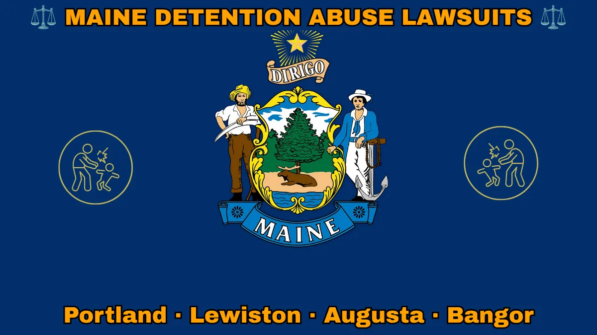 MAINE DETENTION ABUSE LAWSUITS: Portland, Lewiston, Augusta, and Bangor text on ME state flag adorned with an adult physically pushing a child depicted on a blue field near a shield, pine tree, moose, and “DIRIGO” motto
