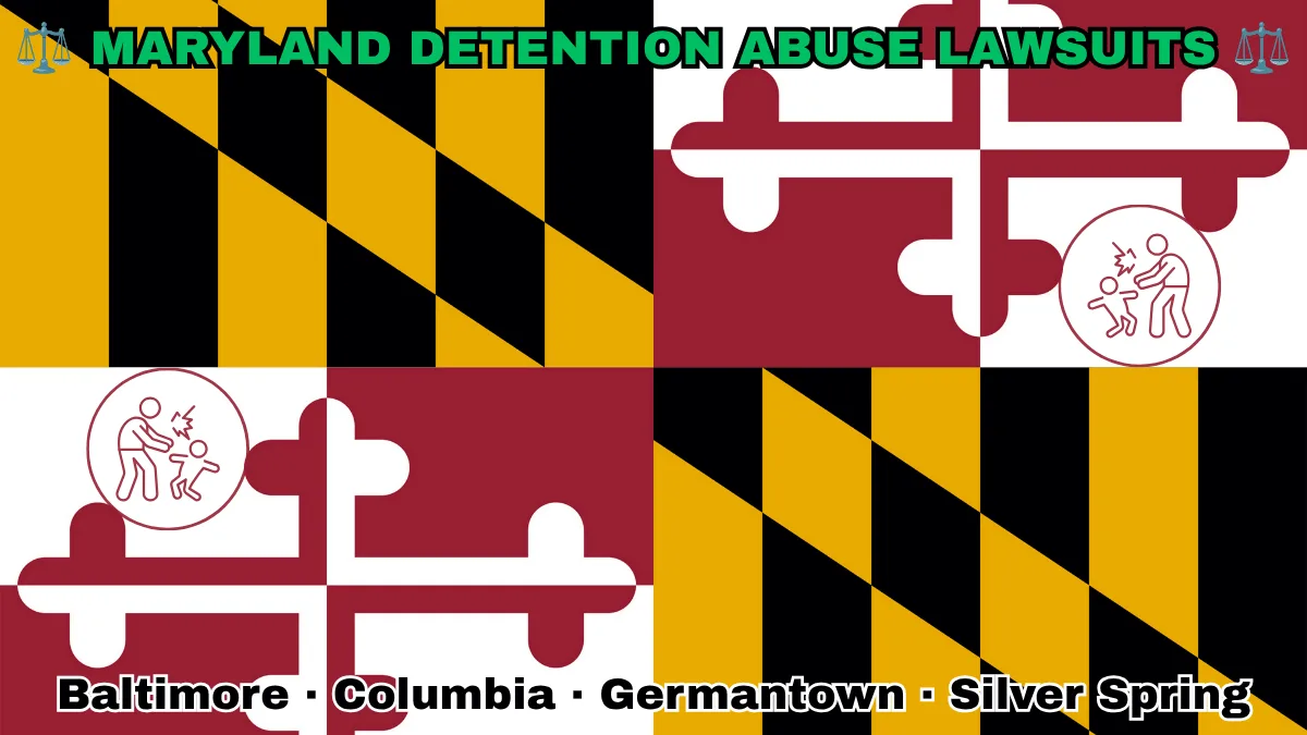 MARYLAND DETENTION ABUSE LAWSUITS: Baltimore, Columbia, Germantown, and Silver Spring text on MD state flag adorned with an adult physically pushing a child depicted near red and white crosses, and black and gold checkered Calvert arms.