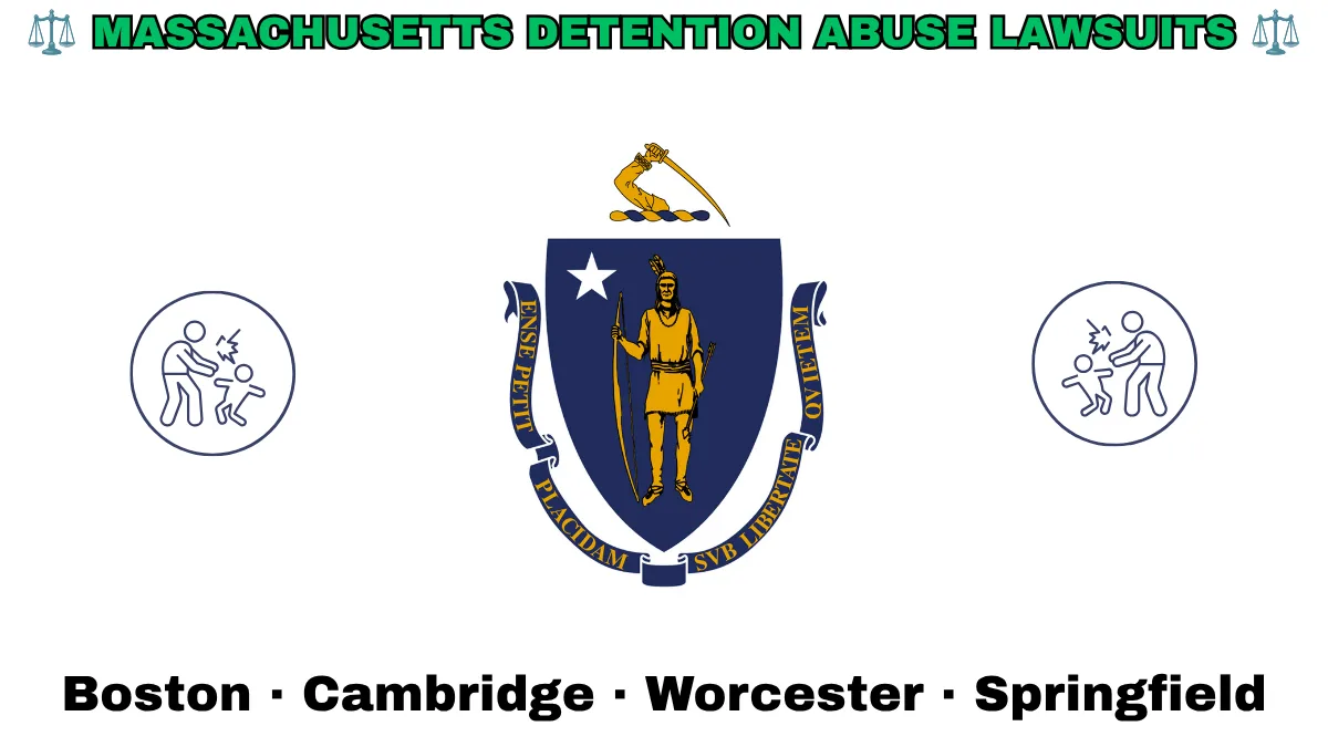 MASSACHUSETTS DETENTION ABUSE LAWSUITS: Boston, Cambridge, Worcester, and Springfield text on MA state flag adorned with an adult physically pushing a child depicted near a shield featuring a Native American person with bow and arrow under a star and sword.