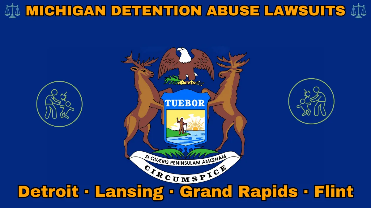 MICHIGAN DETENTION ABUSE LAWSUITS: Detroit, Lansing, Grand Rapids, and Flint text on MI state flag adorned with an adult physically pushing a child depicted near an elk, moose and bald eagle flanking a shield featuring a man standing on a sunny lake with a raised hand and rifle.