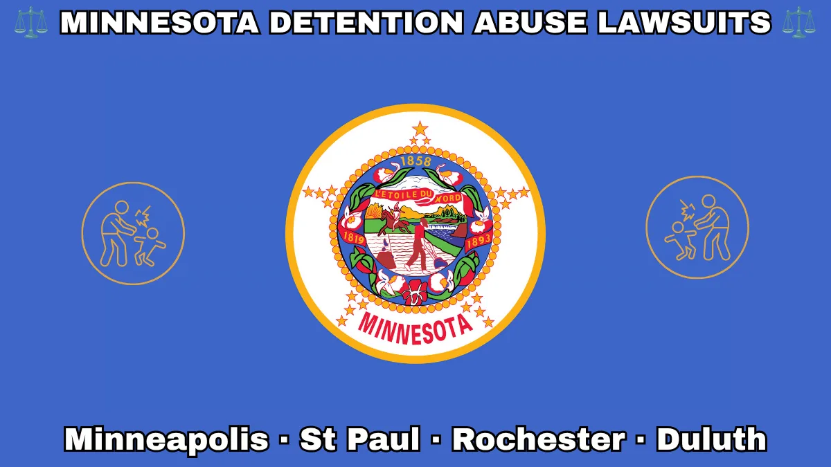 MINNESOTA DETENTION ABUSE LAWSUITS: Minneapolis, St Paul, Rochester, and Duluth text on MN state flag adorned with an adult physically pushing a child depicted on blue background near the official seal featuring a wreath of pink-and-white lady’s slippers