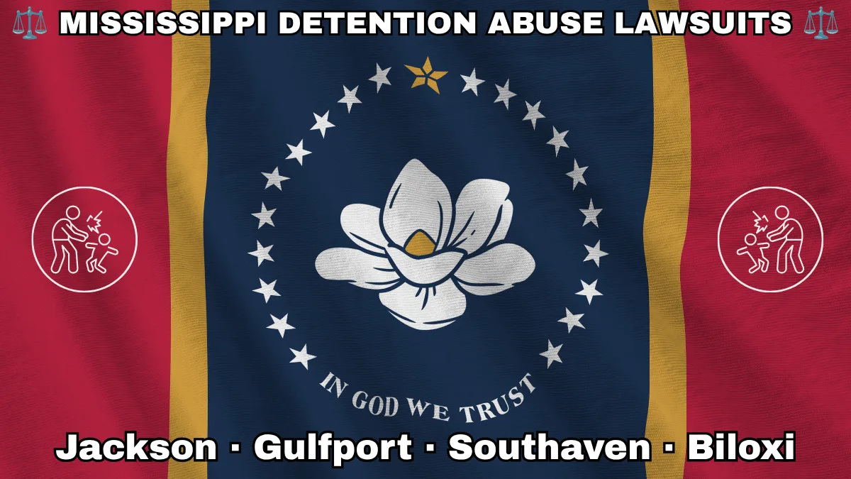 MISSISSIPPI DETENTION ABUSE LAWSUITS: Jackson, Gulfport, Southaven, and Biloxi text on MS state flag adorned with an adult physically pushing a child depicted along red, gold, and blue stripes near magnolia blossom and stars