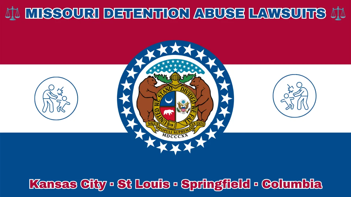 MISSOURI DETENTION ABUSE LAWSUITS: Kansas City, St Louis, Springfield, and Columbia text on MO state flag adorned with an adult physically pushing a child depicted near a ring of stars featuring two grizzly bears, a shield, and crescent moon, all on a red, white and blue background.