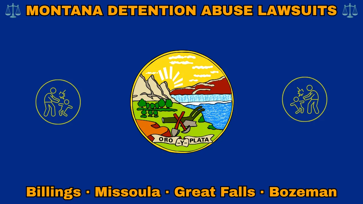 MONTANA DETENTION ABUSE LAWSUITS: Billings, Missoula, Great Falls, and Bozeman text on MT state flag adorned with an adult physically pushing a child depicted on a blue field near official seal featuring a plow and mountains