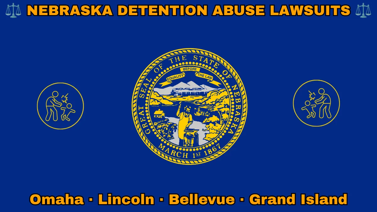 NEBRASKA DETENTION ABUSE LAWSUITS: Omaha, Lincoln, Bellevue, and Grand Island text on NE state flag adorned with an adult physically pushing a child depicted on a dark blue field near the official seal in gold