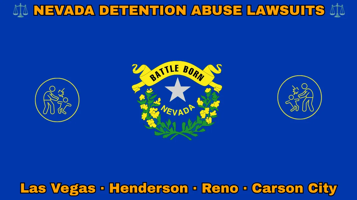 NEVADA DETENTION ABUSE LAWSUITS: Las Vegas, Henderson, Reno, and Carson City text on NV state flag adorned with an adult physically pushing a child depicted on a blue field near a silver star and “BATTLE BORN” motto