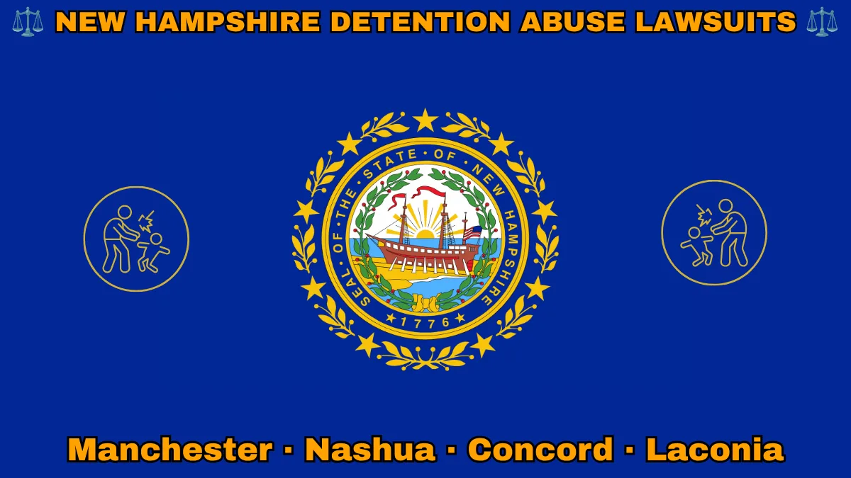 NEW HAMPSHIRE DETENTION ABUSE LAWSUITS: Manchester, Nashua, Concord, and Laconia text on NH state flag adorned with an adult physically pushing a child depicted on blue field near a Portsmouth's frigate encircled by laurel leaves and stars