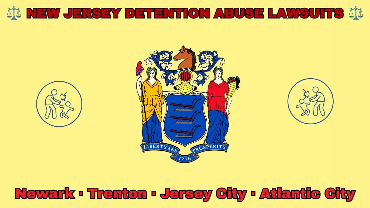 NEW JERSEY DETENTION ABUSE LAWSUITS: Newark, Trenton, Jersey City, and Atlantic City text on NJ state flag adorned with an adult physically pushing a child depicted near a shield with three plows, the goddesses Liberty and Ceres, and a horse head.