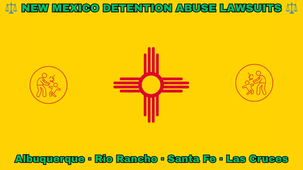 NEW MEXICO DETENTION ABUSE LAWSUITS: Albuquerque, Rio Rancho, Santa Fe, and Las Cruces text on NM state flag adorned with an adult physically pushing a child depicted on a yellow background near a red Zia sun symbol