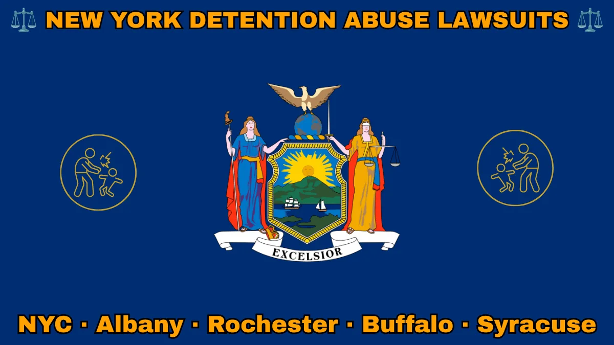 NEW YORK DETENTION ABUSE LAWSUITS: NYC, Albany, Rochester, Buffalo, and Syracuse text on NY state flag adorned with an adult physically pushing a child depicted near Liberty and Justice holding a sword and scales, an eagle atop a globe, and a shield featuring the sun shining over the mountains onto Hudson River boaters.
