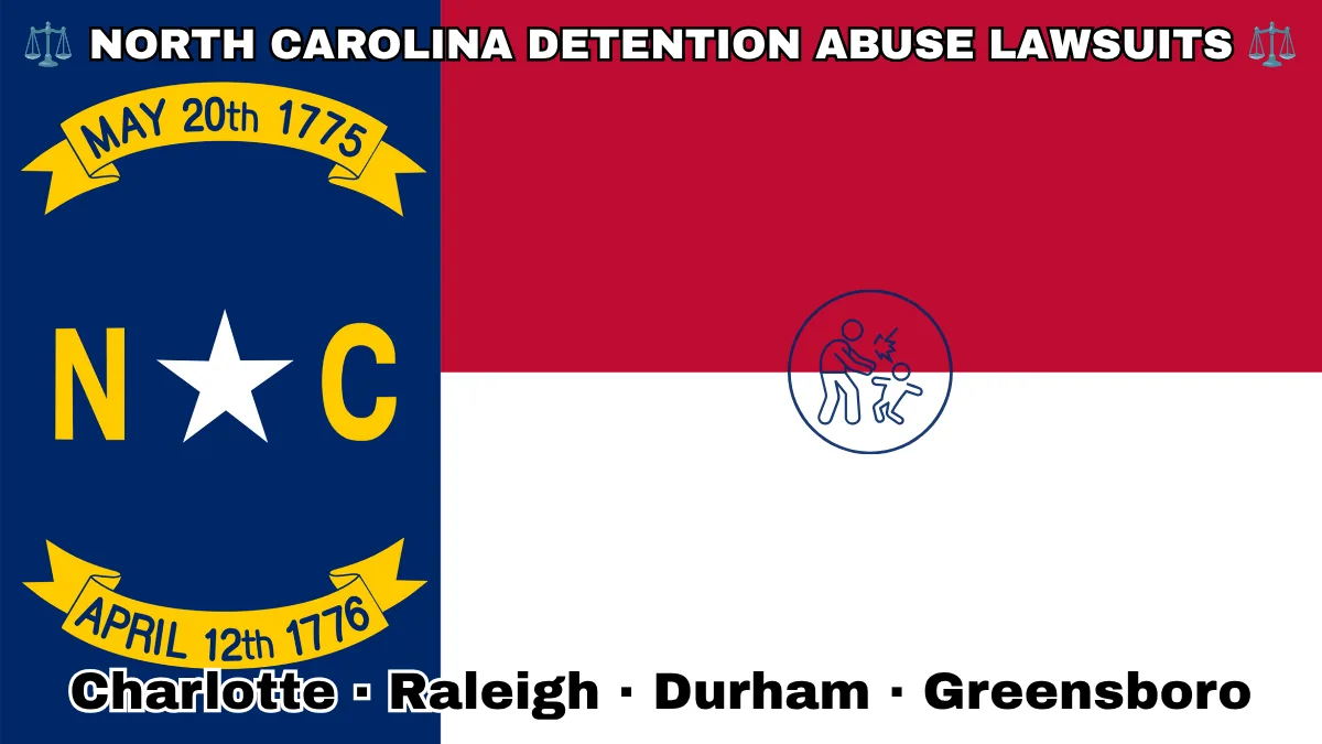 NORTH CAROLINA DETENTION ABUSE LAWSUITS: Charlotte, Raleigh, Durham, and Greensboro text on NC state flag adorned with an adult physically pushing a child depicted near a star along blue, red and white color blocks.
