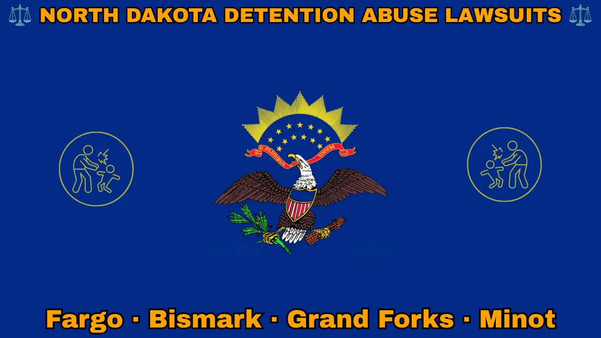 NORTH DAKOTA DETENTION ABUSE LAWSUITS: Fargo, Bismark, Grand Forks, and Minot text on ND state flag adorned with an adult physically pushing a child depicted on a blue field near a bald eagle, ribbon, and shield.