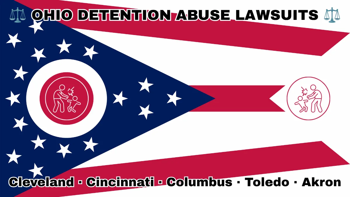 OHIO DETENTION ABUSE LAWSUITS: Cleveland, Cincinnati, Columbus, Toledo, and Akron text on OH state flag adorned with an adult physically pushing a child depicted near a triangular swallowtail with red, white, and blue stripes and stars.