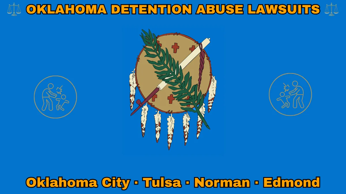 OKLAHOMA DETENTION ABUSE LAWSUITS: Oklahoma City, Tulsa, Norman, and Edmond text on OK state flag adorned with an adult physically pushing a child depicted on a sky blue field near an Osage shield featuring an olive branch and peace pipe
