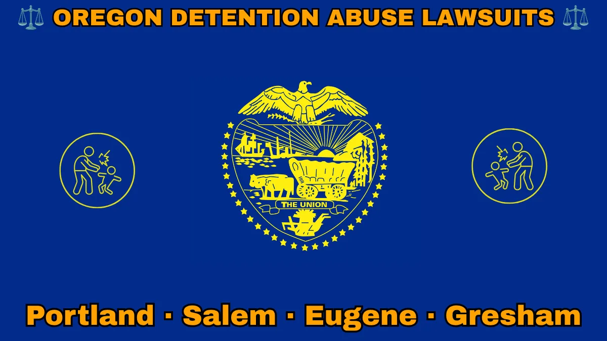 OREGON DETENTION ABUSE LAWSUITS: Portland, Salem, Eugene, and Gresham text on OR state flag adorned with an adult physically pushing a child depicted on a blue field near a gold seal featuring a covered wagon, an eagle, mountains, and a setting sun, with the year 1859 below.