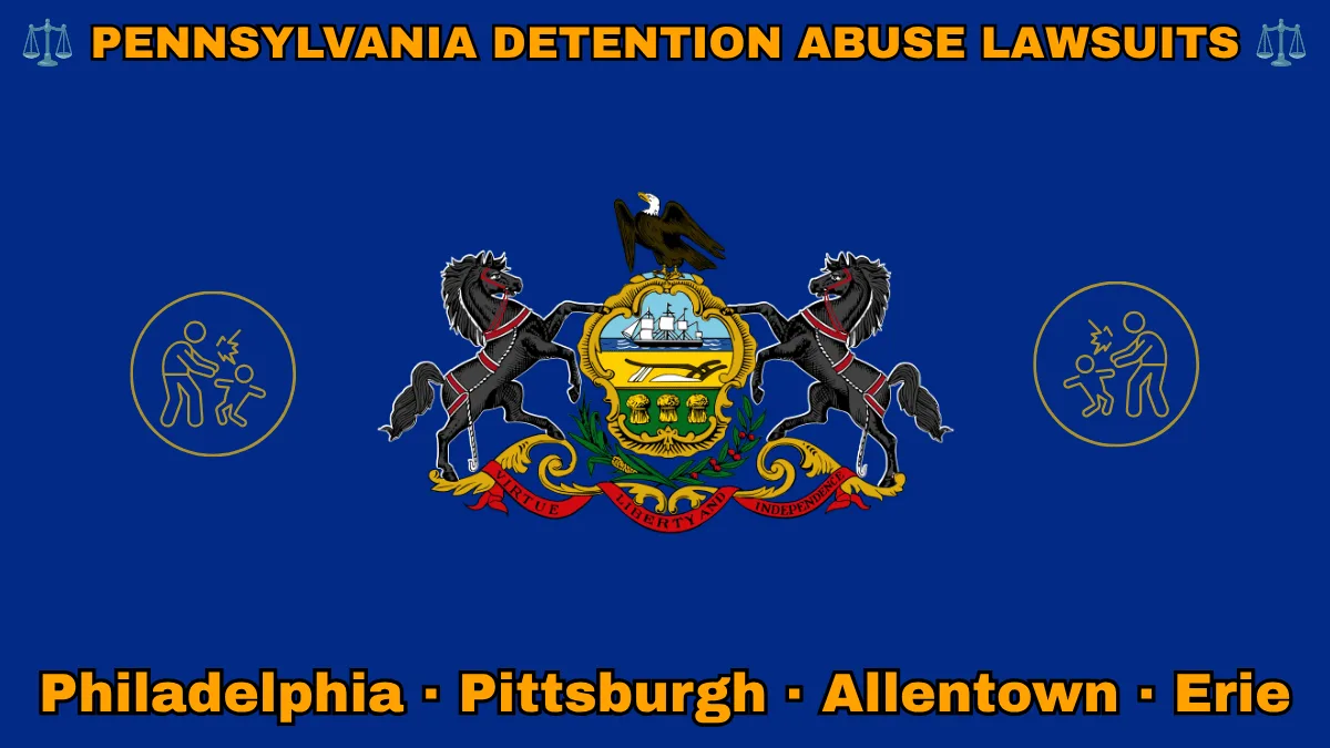 PENNSYLVANIA DETENTION ABUSE LAWSUITS: Philadelphia, Pittsburgh, Allentown, and Erie text on PA state flag adorned with an adult physically pushing a child depicted near horses and an eagle flanking a shield featuring a ship, plow, and sheaves of wheat.