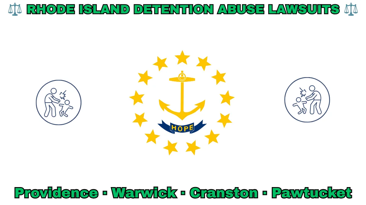 RHODE ISLAND DETENTION ABUSE LAWSUITS: Providence, Warwick, Cranston, and Pawtucket text on RI state flag adorned with an adult physically pushing a child depicted on a white background near an anchor, gold stars, and “HOPE” motto
