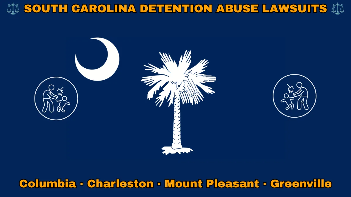 SOUTH CAROLINA DETENTION ABUSE LAWSUITS: Columbia, Charleston, Mount Pleasant, and Greenville text on SC state flag adorned with an adult physically pushing a child depicted on a blue field near a white palmetto tree and crescent moon