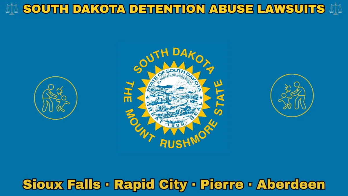 SOUTH DAKOTA DETENTION ABUSE LAWSUITS: Sioux Falls, Rapid City, Pierre, and Aberdeen text on SD state flag adorned with an adult physically pushing a child depicted on a blue field near the official seal and words "THE MOUNT RUSHMORE STATE"