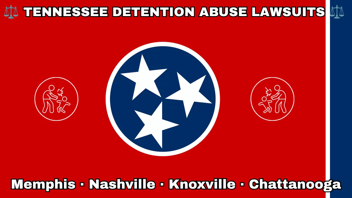 TENNESSEE DETENTION ABUSE LAWSUITS: Memphis, Nashville, Knoxville, and Chattanooga text on TN state flag adorned with an adult physically pushing a child depicted on a red background near three white stars on a blue circle and vertical blue stripe.