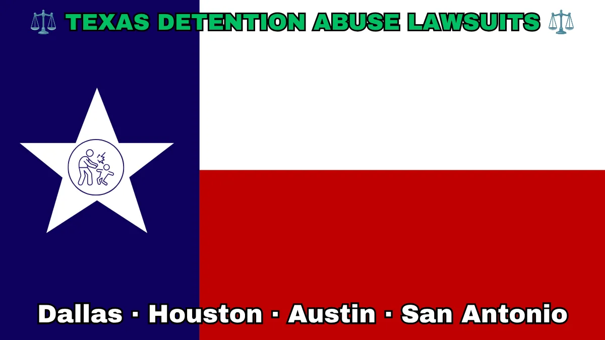 TEXAS DETENTION ABUSE LAWSUITS: Dallas, Houston, Austin, and San Antonio text on TX state flag adorned with an adult physically pushing a child depicted on a Lone Star near blue, red and white color blocks.