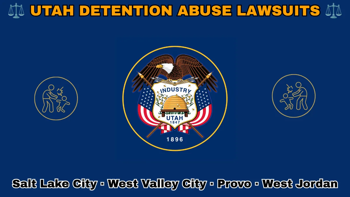 UTAH DETENTION ABUSE LAWSUITS: Salt Lake City, West Valley City, Provo, and West Jordan text on UT state flag adorned with an adult physically pushing a child depicted on a blue field near a beehive, bald eagle, motto and date