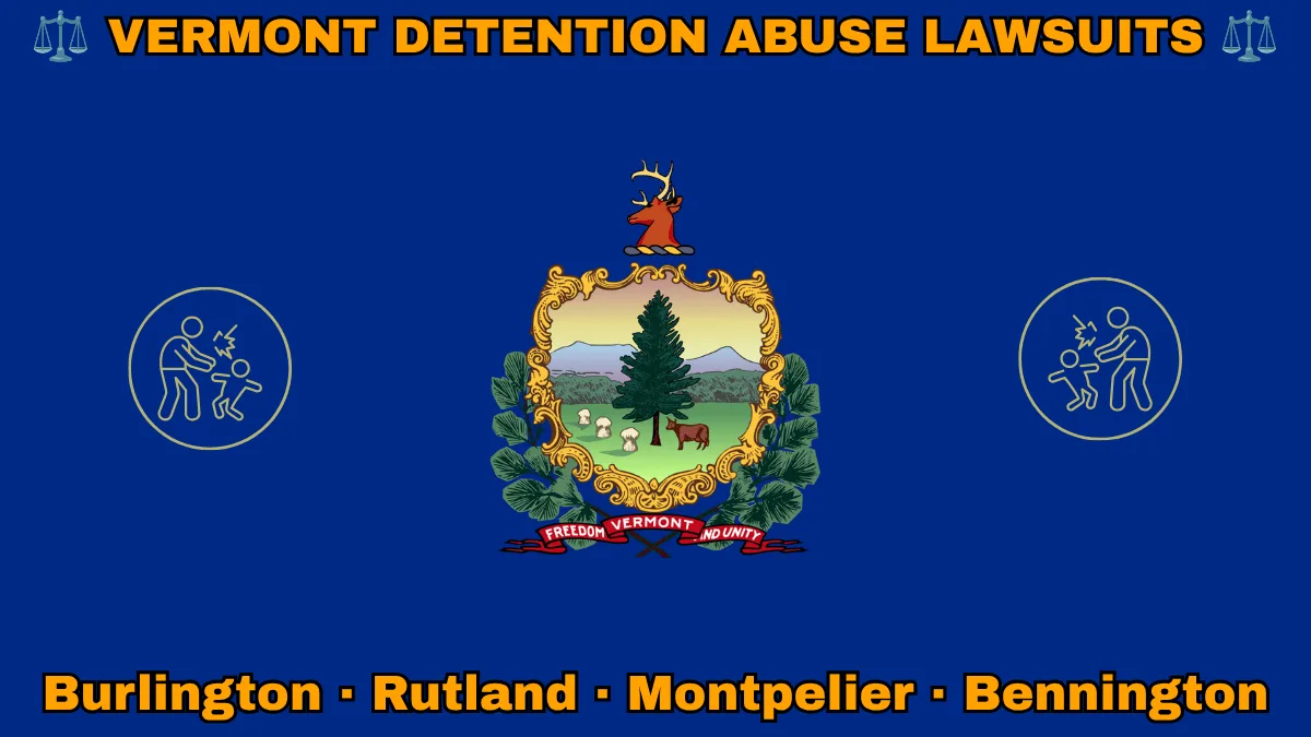 VERMONT DETENTION ABUSE LAWSUITS: Burlington, Rutland, Montpelier, and Bennington text on VT state flag adorned with an adult physically pushing a child depicted on a blue field near the official coat of arms featuring a pine tree and cow